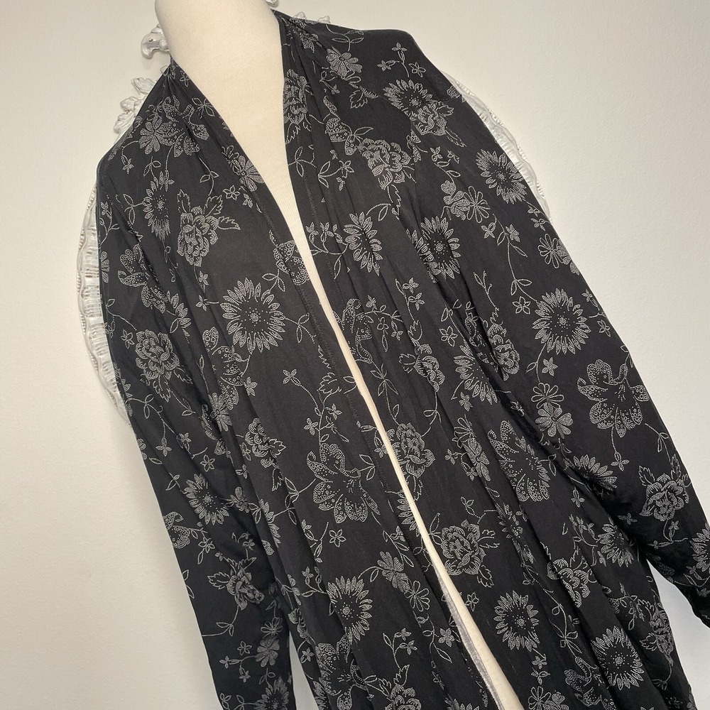 Lands End Women's 3X Open Front Lightweight Jacket Black Floral Stretch Pockets